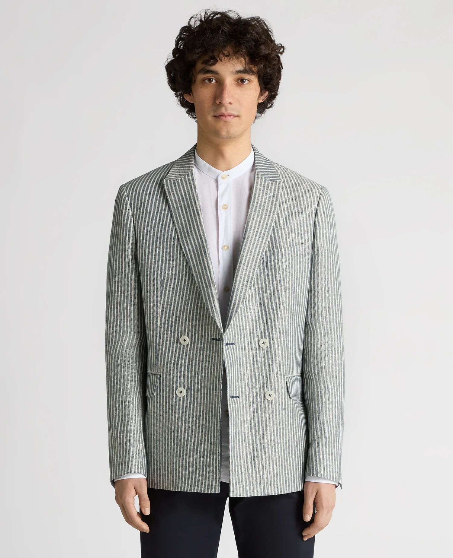 Slim Fit Linen-Blend Double-Breasted Pinstripe Jacket