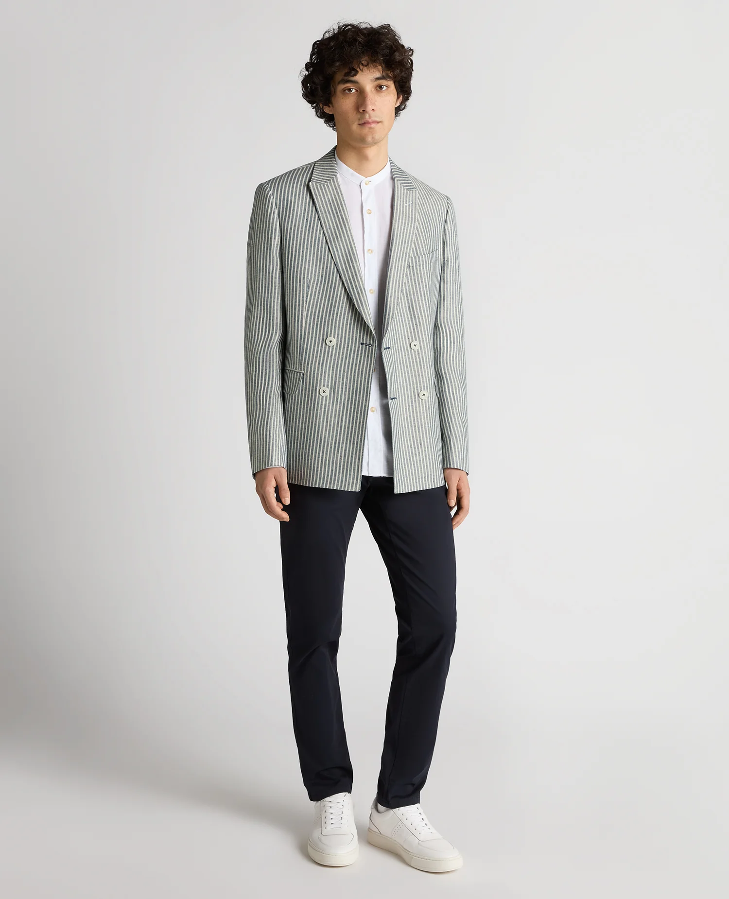 Slim Fit Linen-Blend Double-Breasted Pinstripe Jacket - Image 2