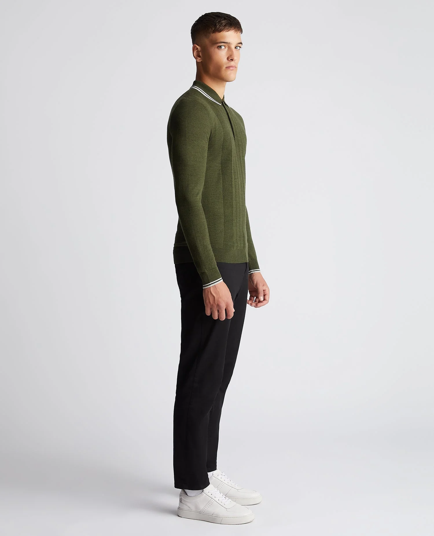 Slim Fit Merino Wool-Blend Long Sleeve Knitted Polo - Image 2