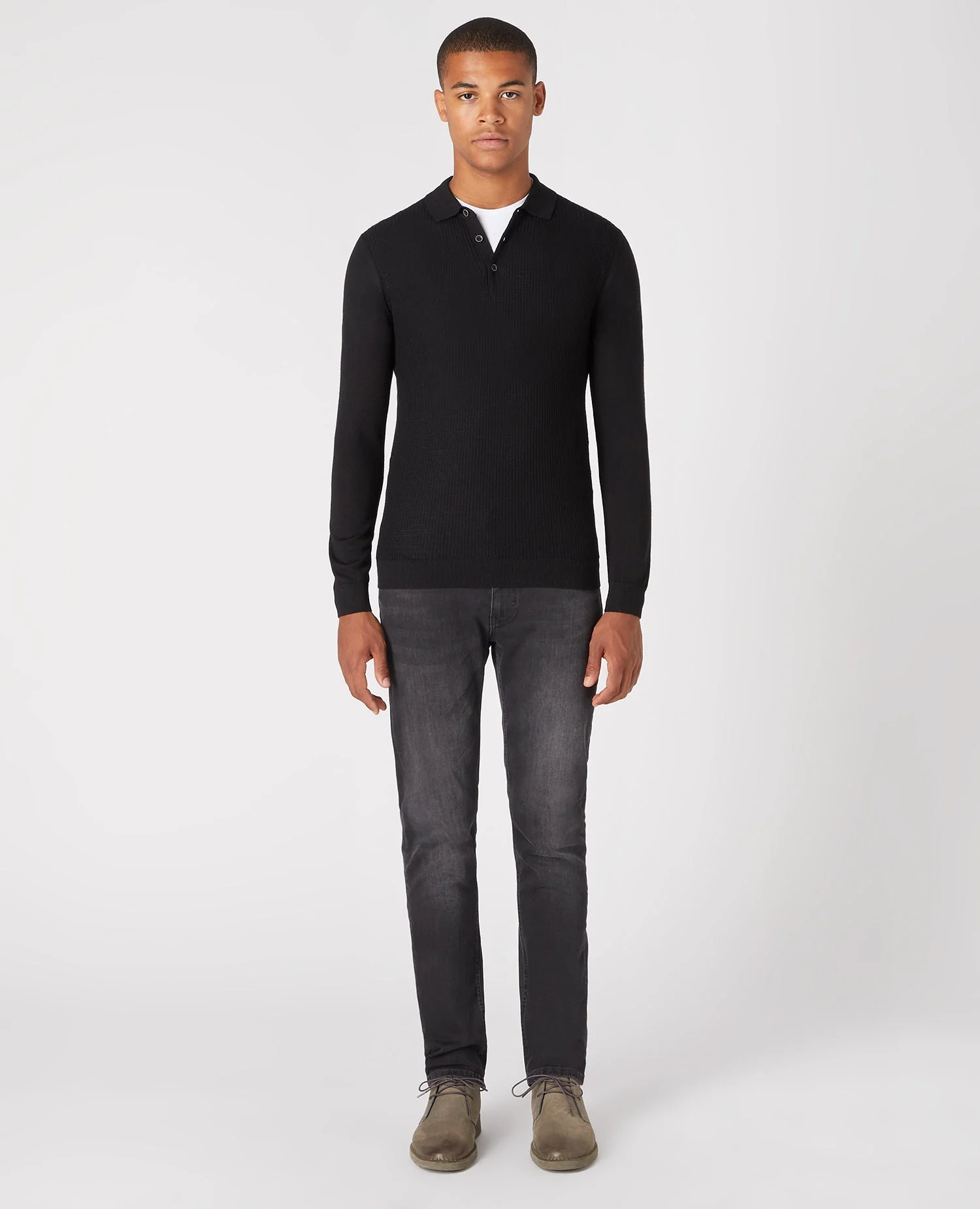 Slim Fit Merino Wool-Blend Long Sleeve Knitted Polo - Image 2
