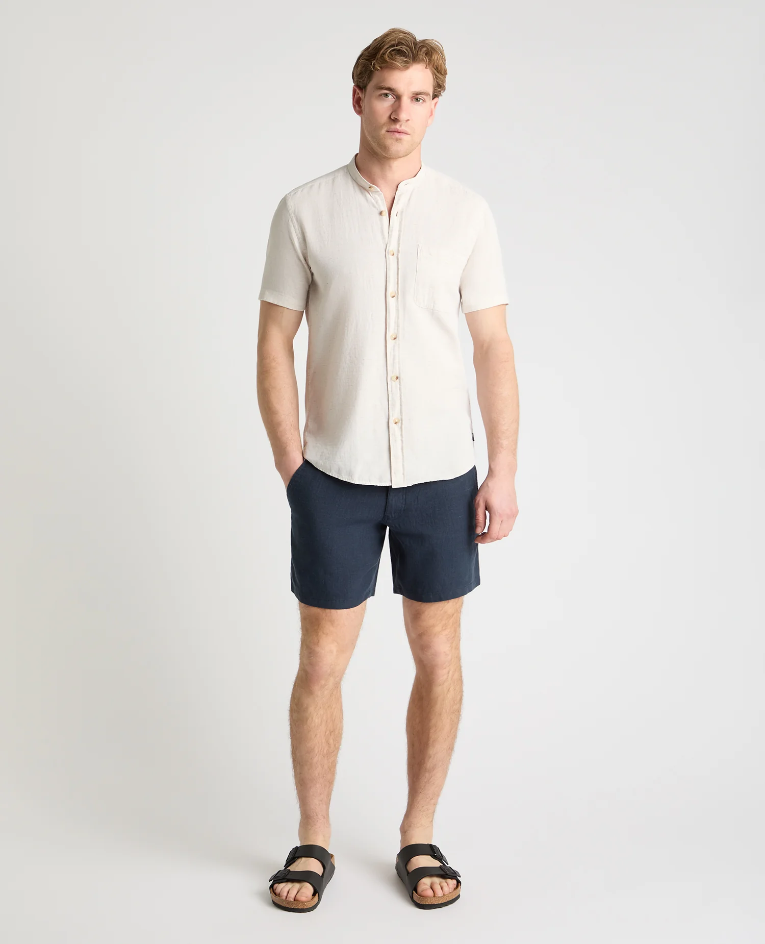 Dark Blue Straight Leg Linen Shorts - Image 2